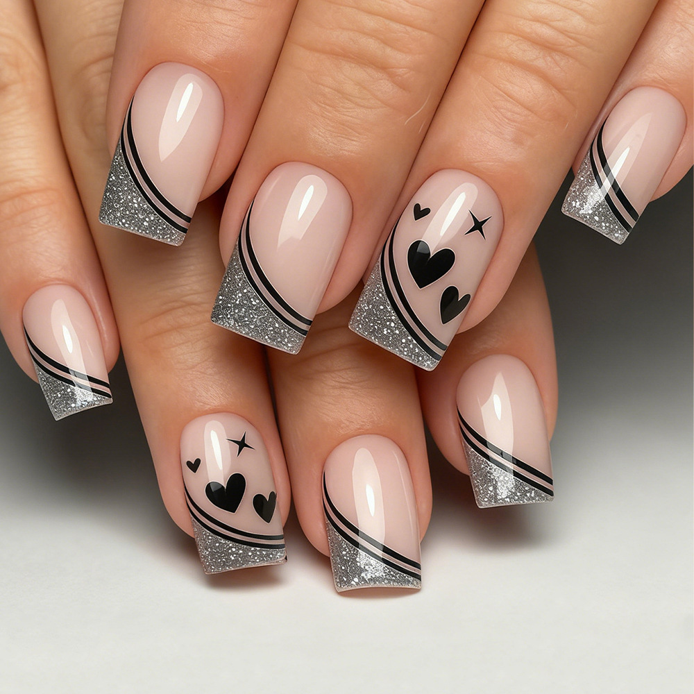 Nail Art Glitter - Short Square fake nails for women
