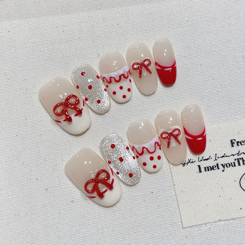 10pcs Short Oval Handmade Pres - Nail Art Red 评论和价格