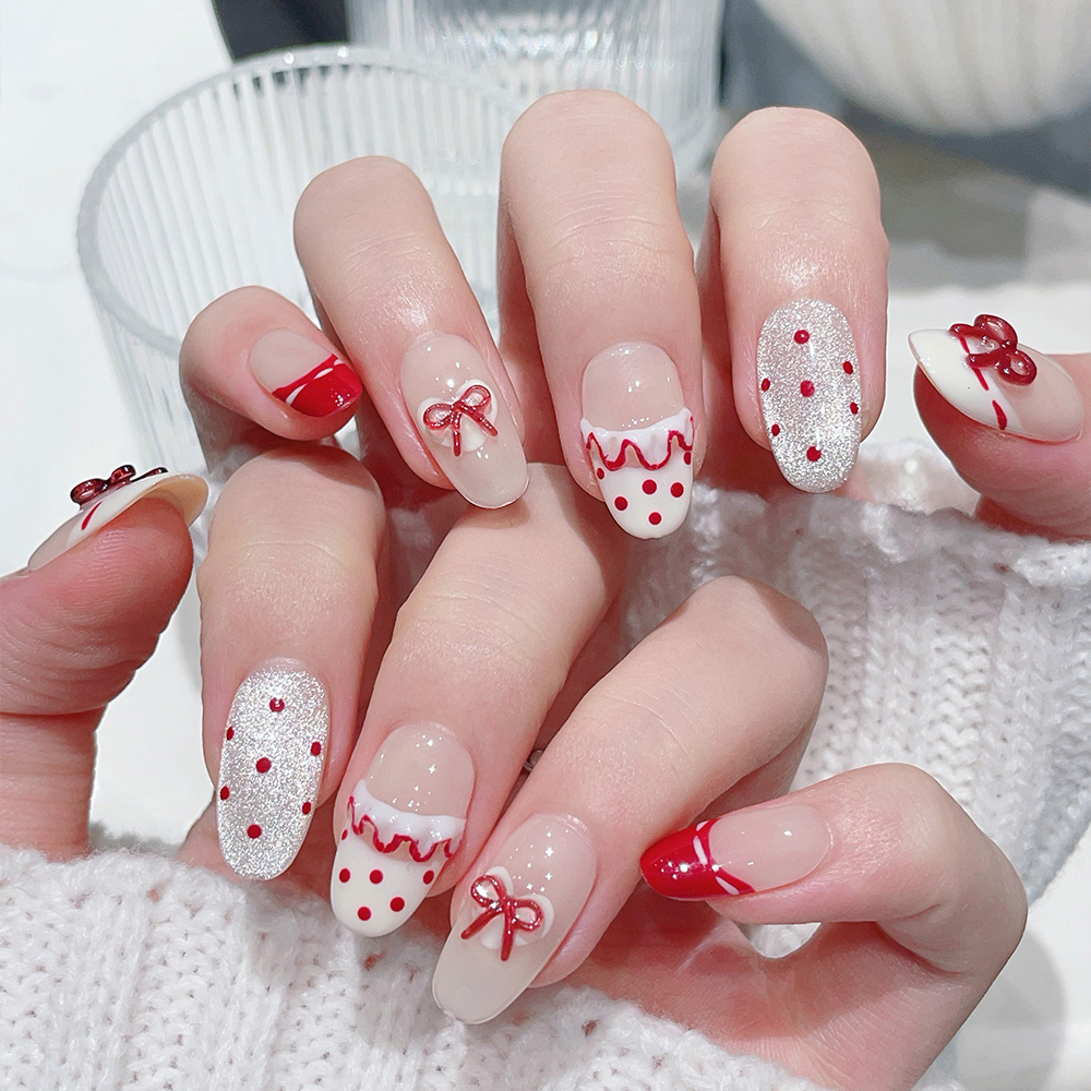 10pcs Short Oval Handmade Pres - Nail Art Red 评论和价格