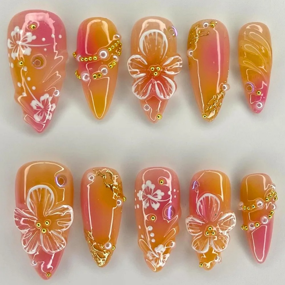 24Pcs Pink Gradient Almond Fak - Nail Art Flower 评论和价格