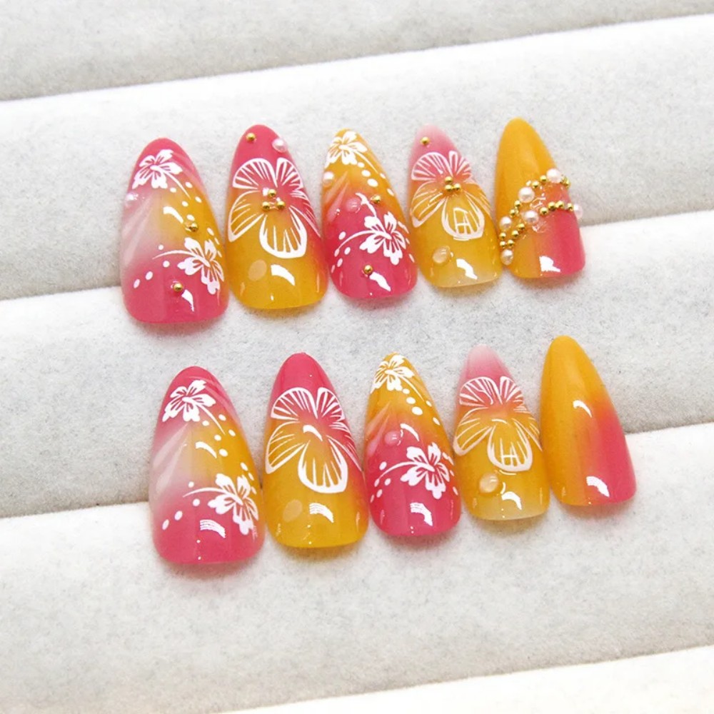 24Pcs Pink Gradient Almond Fak - Nail Art Flower 评论和价格