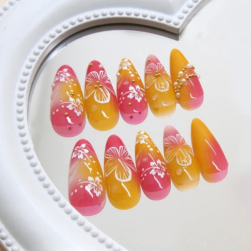 24Pcs Pink Gradient Almond Fak - Nail Art Flower 评论和价格