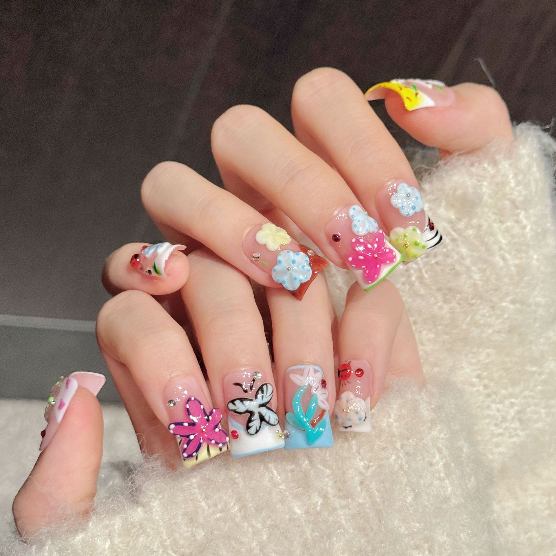 10PCS Duck Handmade Press On N - Nail Art Flower 评论和价格
