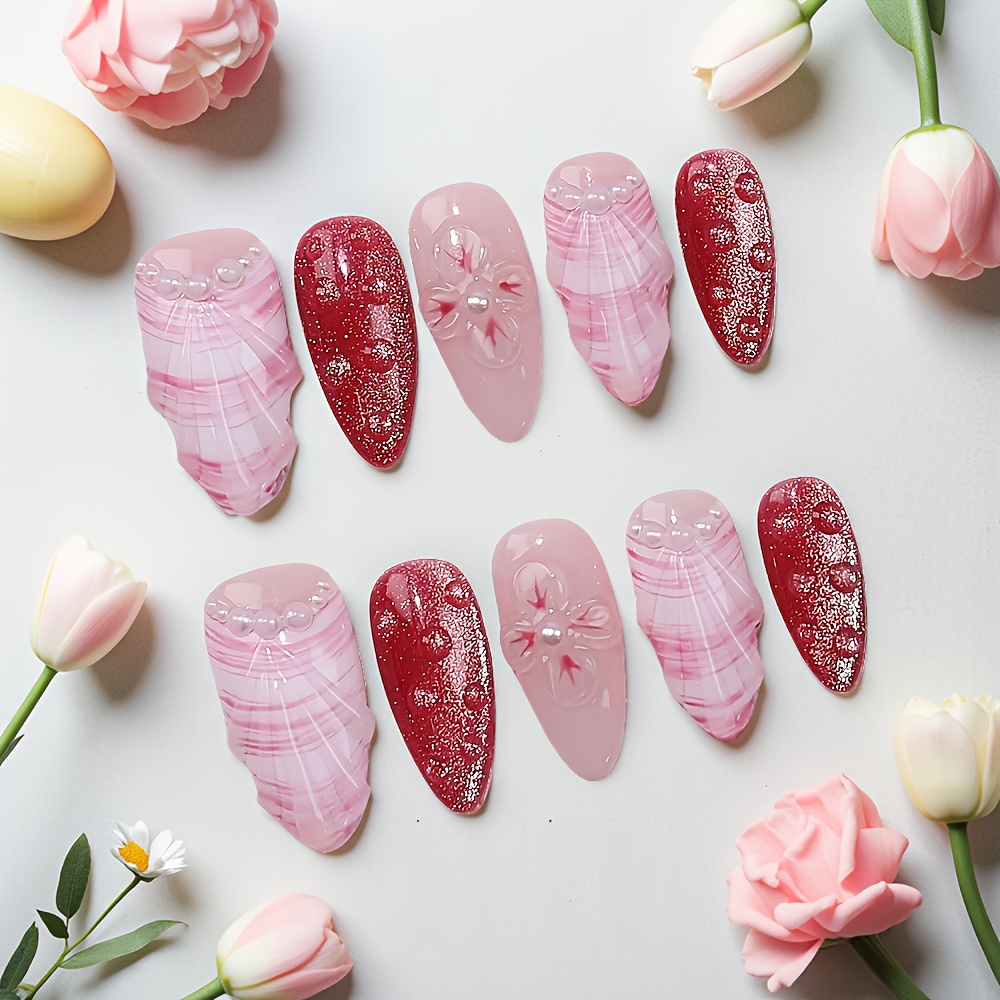 10pcs Medium Almond Handmade P - Nail Art Red 评论和价格