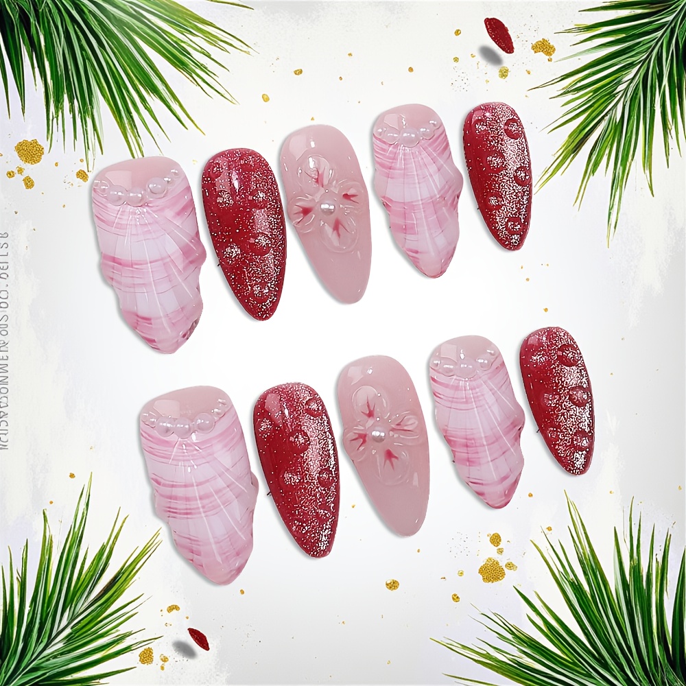 10pcs Medium Almond Handmade P - Nail Art Red 评论和价格